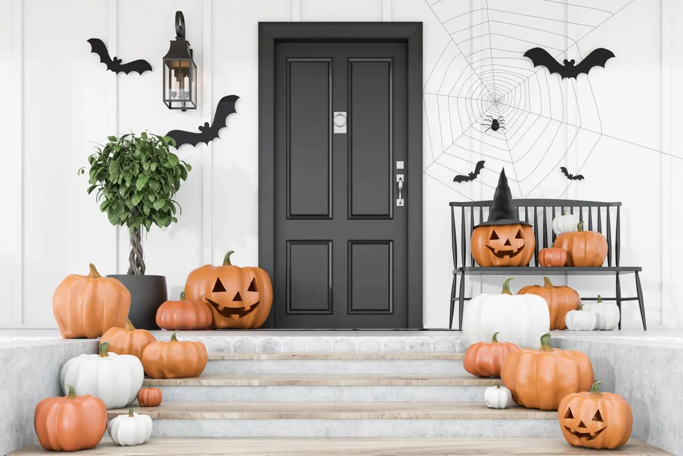 Front porch dressed with pumpkins for Halloween