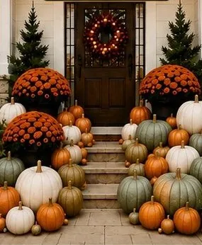 The Ultimate Porch porch example: A custom designed experience with abundant pumpkins in various sizes and colors, elevated details, and a stunning porch that makes a statement.